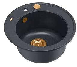 QUADRON redondo fregadero de cocina negro y cobre | tamaño 51 cm, granito | MORGAN 210 fregadero empotrado con agujero para grifo | fregadero de un seno | fregadero moderno
