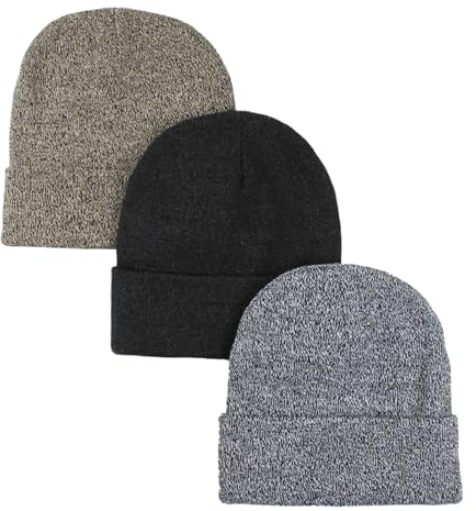 kozinu Unisex Beanie-Mütze für den Winter, weiche Totenkopfmütze, Strickmütze, warme Skimütze für Herren und Damen, 3 Stück, Beigebrown-grau-schwarz-weiß, Einheitsgr��e