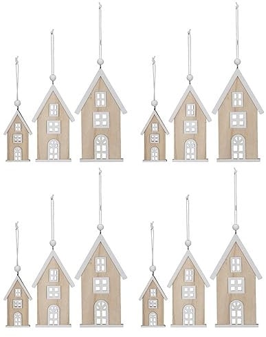 12tlg. Anhänger Lille HUS Natur weiß aus Holz Dekohänger Holzhaus (4X 3tlg. Set)