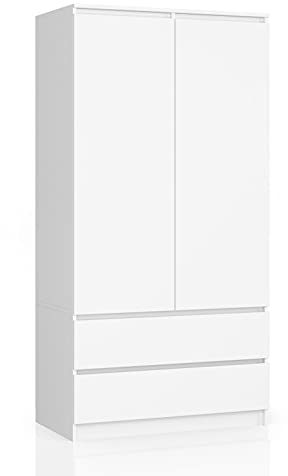 AKORD Armoire 2 Portes | Armoir Chambre 2 Tiroirs avec Etagères et Une Tringle | L90 x H180 x P51 cm | Panneau Stratifié 16mm | Armoire sans Penderie Chambre | Dressing Rangement Placard