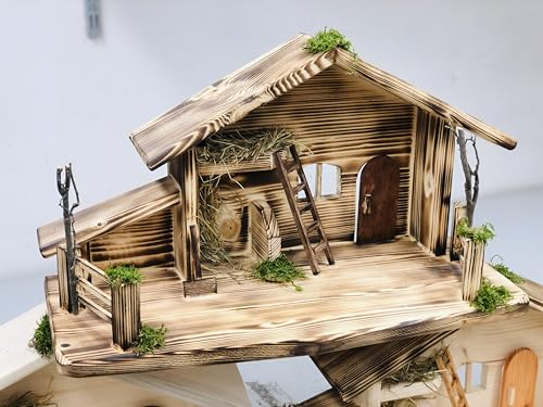 ÖLBAUM Naturholz-Weihnachts-Krippe, Krippenstall, Krippe 50 cm groß, für 9 cm bis 13 cm Figuren geeignet, massiv und robust, D-GEFLAMMT, Größe 50 x 27 x 22 cm KH50dng-Ddng-LSTat