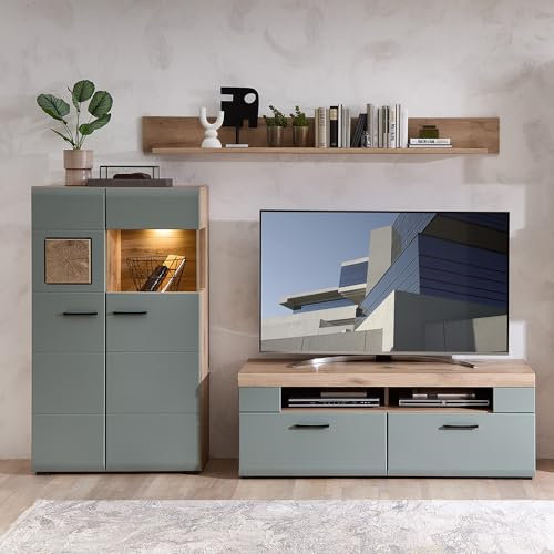 Wohnwand Wohnmöbel Set Eiche mit Schilfgrün 3-teilig Modern, 1 Highboard, 1 Wandboard, 1 Lowboard inkl. Beleuchtung