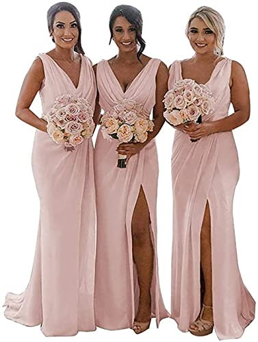 KURFACE Doppio scollo a V abiti da damigella d'onore abiti da damigella d'onore lungo abito da sera formale in chiffon per le donne, Rosa cipria, 40