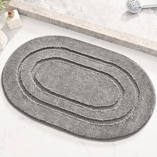 Lifup Weich Badezimmerteppich, Flauschige Badvorleger, rutschfest Hochflor Mikrofaser Badematte, Saugfähig Badteppich Oval für Badezimmer Grau 40 x 60 cm
