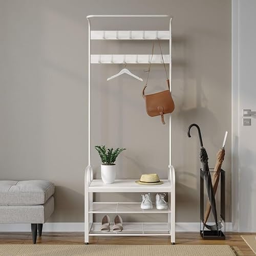 URBNLIVING Entryway Hall Coat Hanger Hooks Stand with Shoe Bench Storage Display Rack Unit, Stylish & Space Saving Decor for Your Home's Hallway (Whote & White)