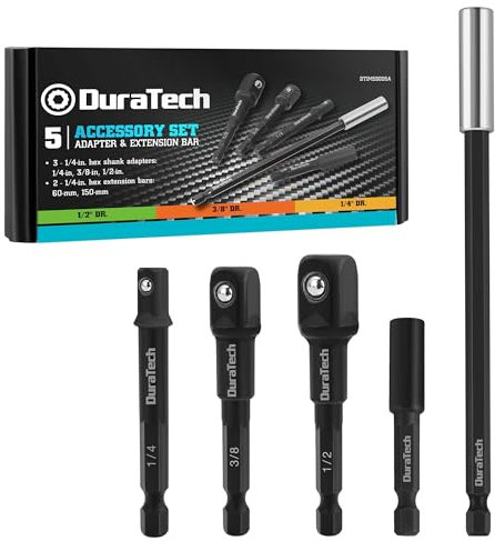 DURATECH Set Adattatori per Bussole a Percussione, 5 Pezzi, Include Adattatori da 1/4, 3/8 e 1/2 e Barra di Prolunga da 60 mm e 150 mm, Accessori Professionali per Trapani/Avvitatori
