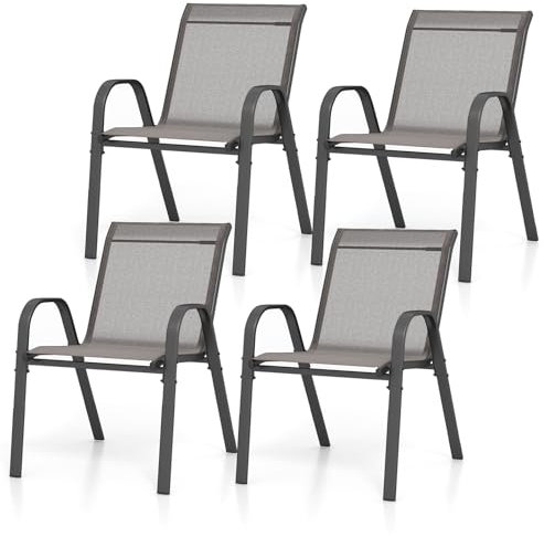 GiantexUK Garden Dining Chairs Set of 2/4, Metal Frame Outdoor Chairs with High Backrest & Armrests, Stacking Fabric Chair for Patio Backyard Poolside Lawn (4, Grey)