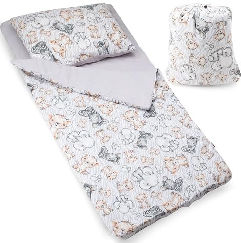 PinkZebra Schlafsack Kinder 140 x 75 cm + Kissenbezug 60 x 40 cm & Beutel, Indoor für Kindertagesstätte Kindergarten Deckenschlafsack, 3-8 Jahre (bis 135 cm Kindergröße), Öko-Tex, Zoo