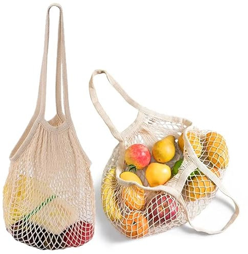 BRITECO 2Pcs String Bag - Reusable Mesh Produce Bags, Eco-Friendly Net Bags for Fruits & Vegetables, Lightweight and Washable Grocery Shopping Bags