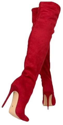 WOkismD Stivali Alti Fino alla Coscia, sopra Il Ginocchio, da Donna, con Tacchi a Spillo da 4,3 Pollici, Stivali con Tacco Alto, in Pelle Scamosciata Elasticizzata, con Punta Lunga,Rosso,46