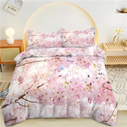 Qiwagu Housse de Couette 90x190 Fleurs De Cerisier Parure de Lit 90x190 Enfant Imprimées Réversibles Sets de Housses de Couettes Microfibre avec Fermeture Éclair avec 2 Taie d'oreiller 65x65 cm