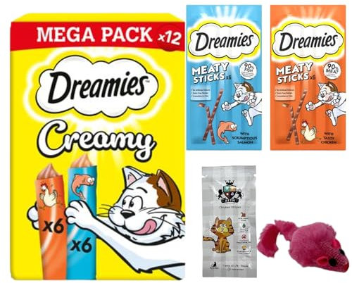AETN Creations Dreamies Creamy Snacks Bundle, Salmon and Chicken Supplementary Food for Cats, with Treat, Toy Mouse, Meaty Sticks