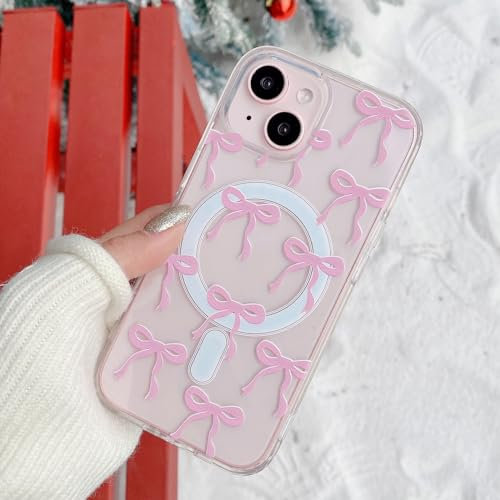 UEEBAI Magnetic for iPhone 15 Case, Bow Case Compatible with MagSafe, Wireless Slim Clear Ribbon Aesthetic Phone Case Anti-Yellowing Shockproof Protective Cover for Women Girl - Pink