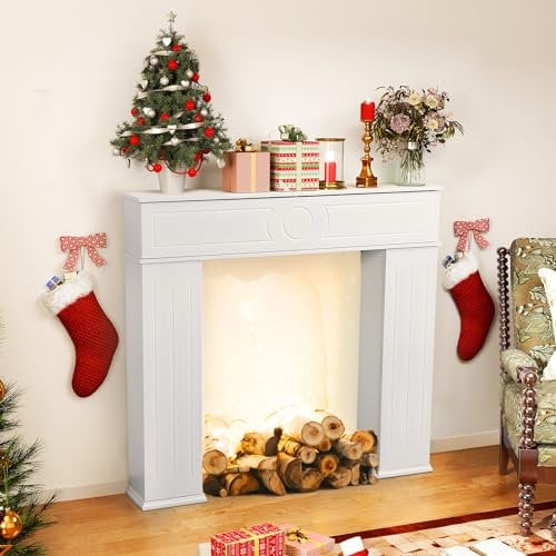 Consolle per camino con spazio di archiviazione, colore bianco, cornice decorativa per camino, in legno, 100 x 107 x 18 cm (altezza x larghezza x profondità), cornice decorativa per il soggiorno