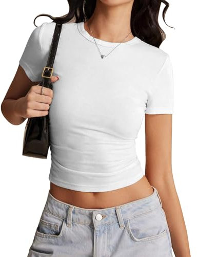 Risipu Women's Short Sleeve T-Shirts Crew Neck Slim Fit Tops Sexy Basic Tee Y2k Clothes 2025 (UK, Alpha, S, Regular, Regular, White)