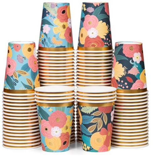 Disposable Paper Coffee Cups, Bulk 100 Pack, 2 Floral Patterns with Gold Foil, Leak-Resistant, 340 ml Hot and Cold Cups