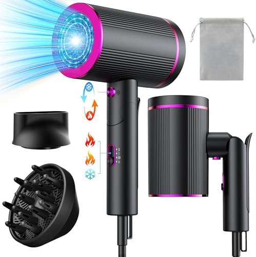 JANOLTY Secador Pelo Iónico Plegable 2400W con Botón de Aire Frío | Viaje, Compacto, Silencioso | Difusor, Boquilla Concentradora, Bolsa | 2 Niveles de Calor, 3 Velocidades,Negro y Morado