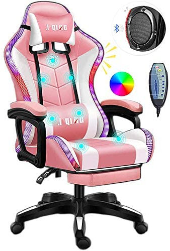 Chaise de gaming lumineuse LED avec haut-parleurs Bluetooth et coussin lombaire de massage Rose