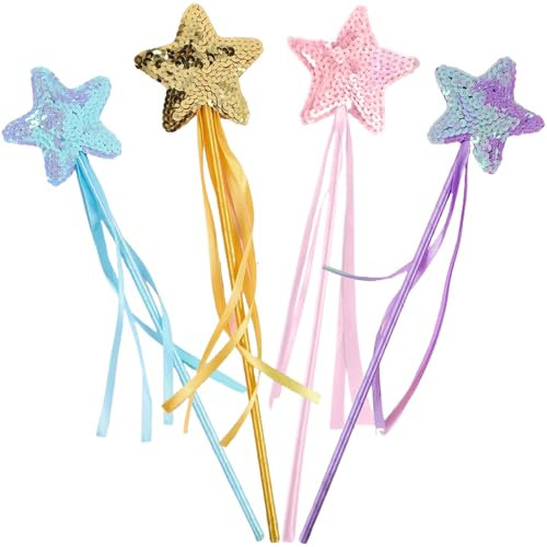 Lot de 4 Baguettes Magiques Princesse Étoile, Baguette de Fée Baguette Magique de Princesse de Noël Baguette Étoile Pailletée Fournitures de Fête de Fée Costume Accessoires Bâtons