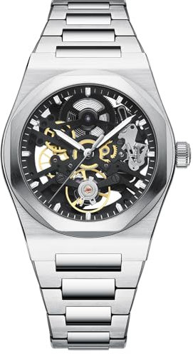 BETTIMER Automatikuhren Herren mit Skelett-Design Schweizer SL2203 Automatikwerk 38,5mm 316L Edelstahl 10ATM Wasserdicht Saphirglas mit 3-Fach AR-Beschichtung Mechanische Uhr Herren (Silber)