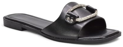 ESSEX GLAM Women's Slip On Slider Ladies Sparkly Diamante Trim Faux Leather Holiday Comfy Casual Flat Mule Sandal Size 3-8