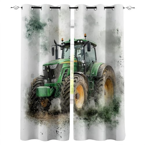Generisch Blickdicht Gardinen B120xH140 cm 3D Traktor im Aquarell Stil Druck Schiebevorhänge Schlafzimmer Vorhang mit Ösen Thermogardinen Gardine Wohnzimmer Verdunkelung Vorhänge Curtain Fenster Deko