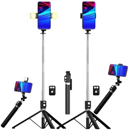 Somikon Selfie Stick mit Stativ: 2er-Set 2in1-Smartphone-Selfie-Stative, 2 LED-Lichter, BT-Fernauslöser (Reisestativ, Stick mit Licht)