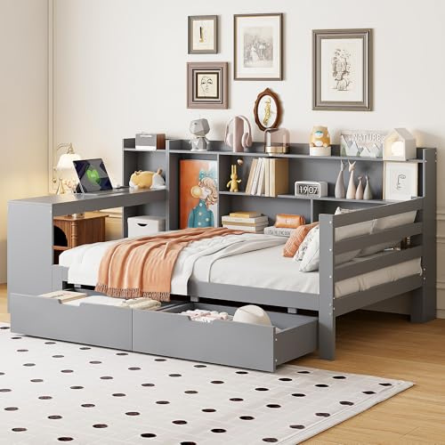 Idemon Schlafsofa aus Massivholz, 90 * 200 cm, Mit Schreibtisch Bücherregal Ablagefächern und Regalen, Mit Steckdose, Mit 2 großen Ablagefächern, Multifunktionales Holzbett, Grau