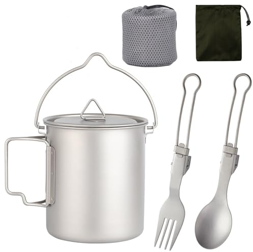 750 ml Titan-Topf mit Titan-Faltgabel und Löffel, für Outdoor, Camping, Wandern, Rucksackreisen