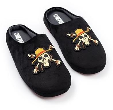 One Piece Black Logo Mule Slippers | Men's Indoor Footwear | Cartoon Character Design | Comfortable Loungewear | Easy Pull-On Style | Perfect for Relaxing at Home Merch