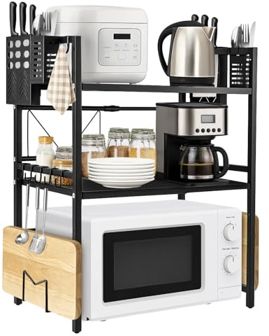BLUE BAZAAR Microwave Shelf Expandable 3 Tier Microwave Stand with 6 Hooks,Desktop Printer Rack Air Fryer Stand Oven & Backer Rack Countertop Organiser Shelves for Kitchen (3Tier-Black)