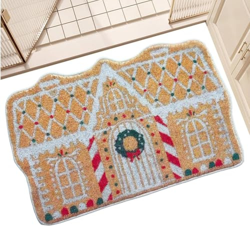 Yiohejy Weihnachts Fußmatte Lebkuchenhaus 40 X 60cm, Weihnachts Willkommensmatte, Rutschfester Room Teppich, Weihnachtsdekorationen Für Home Küche Badezimmer