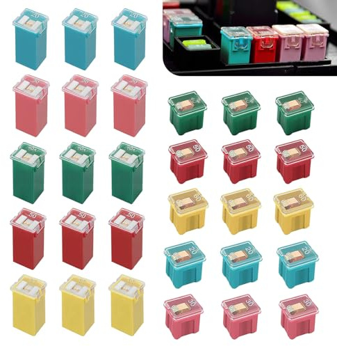Zosgrew 30 PCS Car Cartridge Fuses, Low and Tall Case Fuse Assortment Kit (20A, 30A, 40A, 50A, 60A), Automotive Box Shaped Micro Assortment, for Car Trucks SUVs Boats ATVs UTVs (Multicolored)