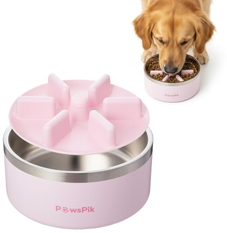 PawsPik 64oz 18/8 Stainless Steel Slow Feeder Dog Bowl, Double-Wall Non-Slip Metal Dog Bowl for Fast Eating Medium & Large Breeds, Detachable Slow Feeder Insert, Dishwasher Safe (Cherry Blossom Pink)