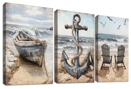 Set of 3 Cadre en Bois Impression sur Toile Plage Côtière Tableau Image sur Toile Voilier et Ancre Nautique Peinture Vintage Océan Plage Tableau Decoration Murale Salon Chambre 30x40cm x 3pcs