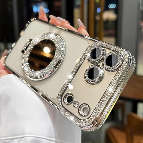 Sparkling Diamond Women's Phone Case with Mirror & Stand for iPhone 13/14/15/16/17 Pro Max, Magnetic Kickstand Glitter Rhinestone Phone Case (Silver,14)