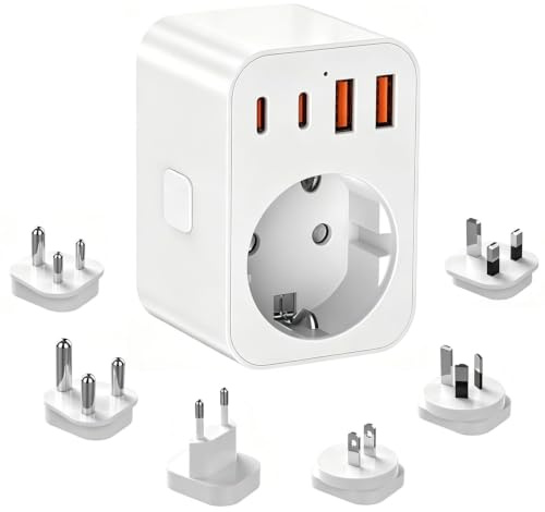 Adaptador de Viaje Universal, 2500W 4 USB (2 USB-C+2 USB-A) con 6 Enchufes Intercambiables A/C/G/I/D/M, para USA, Japón, Reino Unido,Europa,Australia,China,Japón,Sudáfrica