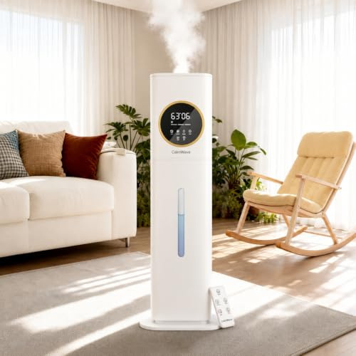 CalmWave 8L Large Humidifier - 40H Runtime for Large Room (White) | Top Fill Cool Mist with Remote Control, LED Display, Auto Shut-Off, Aroma Box, UV Sterilization, 360° Nozzle, Quiet