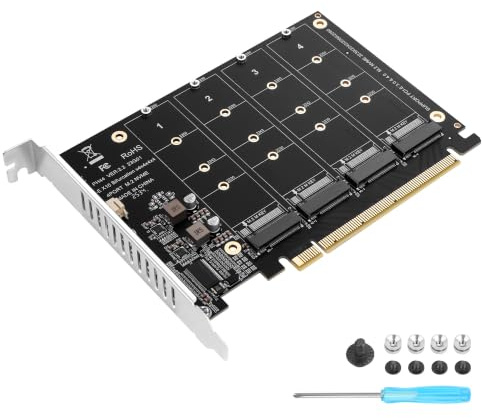 ELFJMZP PCIe 4.0 x16 zu 4 Port M.2 NVMe SSD Adapterkarte, PCIe Bifurcation RAID Controller, 4X 64Gbps Volle Geschwindigkeit, Unterstützt 4X NVMe SSDs