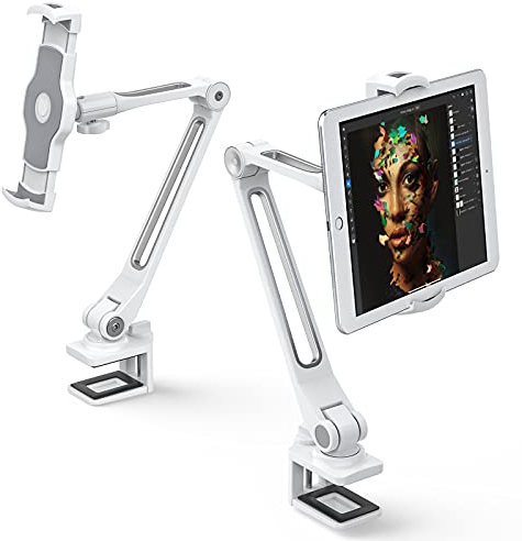 AboveTEK Stabiler iPad-Halter, Aluminium-Langarm, iPad-Tablet-Halterung, 360 ° drehbar, Tablet-Ständer Handy Halterung, 4-11 Geräte für Küche, Nachttisch, Büro, Schreibtisch, Vitrine (WEIß)