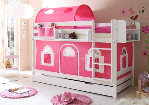 Etagenbett Doppelbett Marcel Kiefer massiv Weiss, Vorhangstoff:Rosa Weiss