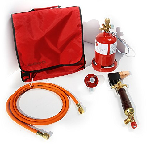 PROFI Dachdecker Lötkolben-Set - Weichlötgarnitur mit Lötkolben, Kleinstflasche, Gasschlauch, Druckminderer, Tasche (Lötset, Lötbedarf, Kleinstflasche)