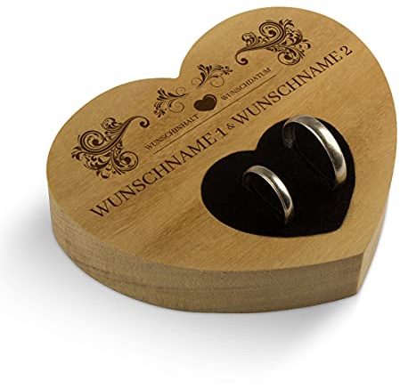 Hochzeit Ringkissen Herz Ringhalter individuell Namen 10 x 8,5 cm Garapa Holz - Vintage