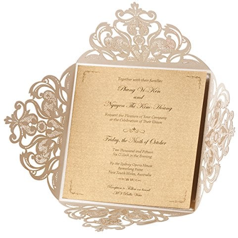 Wishmade 20pcs Einladungskarten Für Hochzeit Geburtstag Taufe Quadrat Elfenbein Blumen Lasercut Design Spitze Hochzeitseinladungskarten inkl Umschläge und Aufkleber (Satz von 20pcs)
