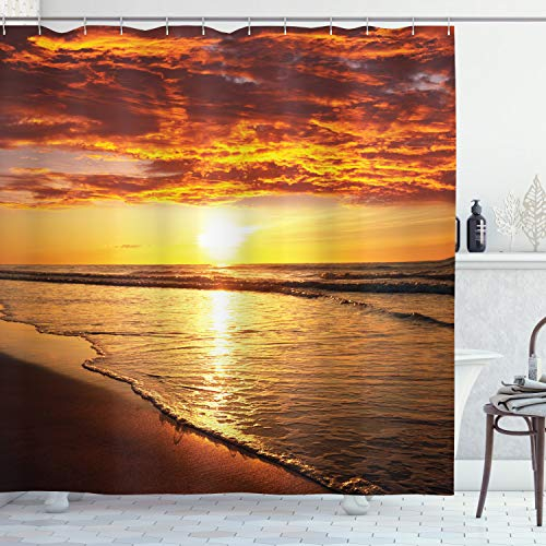ABAKUHAUS hawaiisch Duschvorhang, Strand Sunset Coast, Stoffliches Gewebe Badezimmerdekorationsset mit Haken, 175 x 240 cm, Dunkle Orange Orange