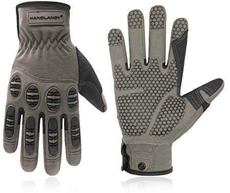 HANDLANDY Safety Work Gloves for Men and Women, Impact Heavy Duty Silicon Grip Gloves for Work, Utility Synthetic Leather Work Gloves, Outdoor Sports Gloves Grey M