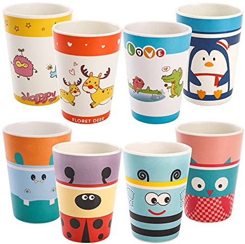 ZEAYEA 8 Stück Bambus-Kinderbecher, 237 ml, BPA-frei, Bambus-Trinkbecher für Kinder, wiederverwendbare niedliche Tassen, Cartoon-Geschirr für Zuhause, Schule, umweltfreundlich, spülmaschinenfest