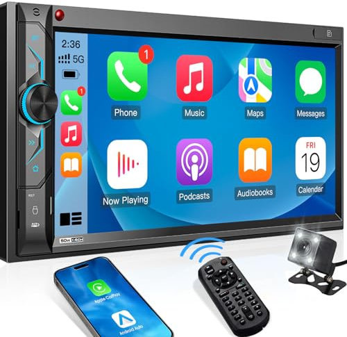 Double Din CarPlay Multimedia System: 7 Inch Touchscreen Car Stereo Receiver – Bluetooth Android Auto Car Radio with Backup Camera Mirror Link AM FM USB SD AUX Subwoofer Steering Wheel Control