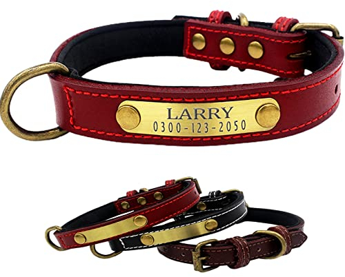Yonsbox Personalized Leather Dog Collar with Soft Padded Name Plate Engraved Custom Adjustable Heavy Duty Thick Red Dog Collars for Male Female Boy Girl Puppy Small Medium Large Dogs