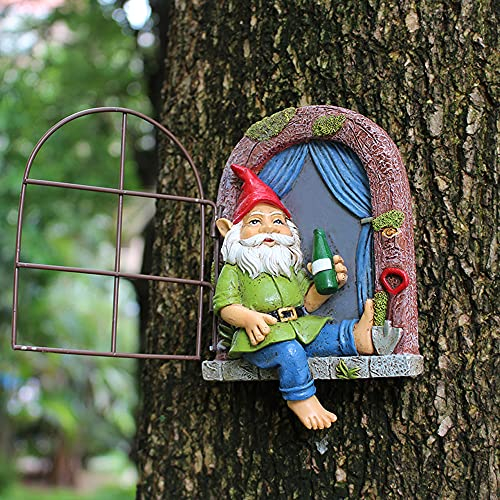Meyas Gartenstatuen Betrunkener Gnom,Baumskulptur Gartendekoration im Freien Ornamente, Gartenzwerg Statuen Elf aus der Tür Baum Hugger, Lustige Harzzwerg Statuen Figuren Halloween